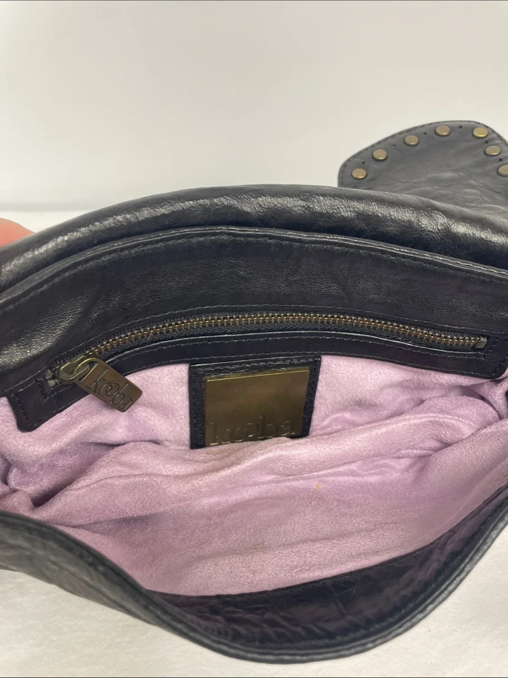Kooba Black Leather Studded Wristlet Clutch with Brass Accents